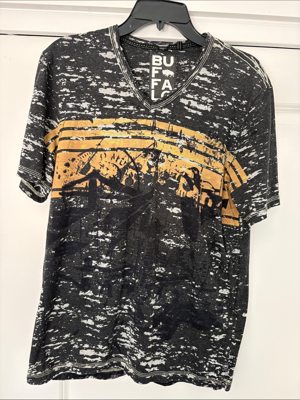 Buffalo David Bitton Black and Yellow Graphic V-Neck Tee